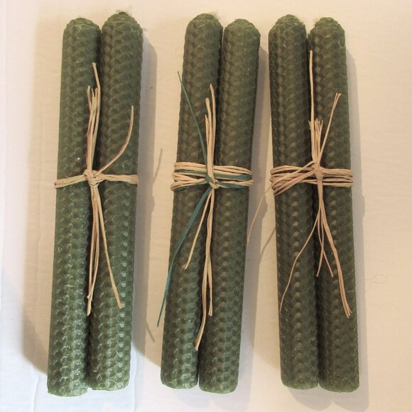 1 pair, Bees Wax candles, Green, Honeycomb pattern, Hand Rolled, 8" - Picture 1 of 4